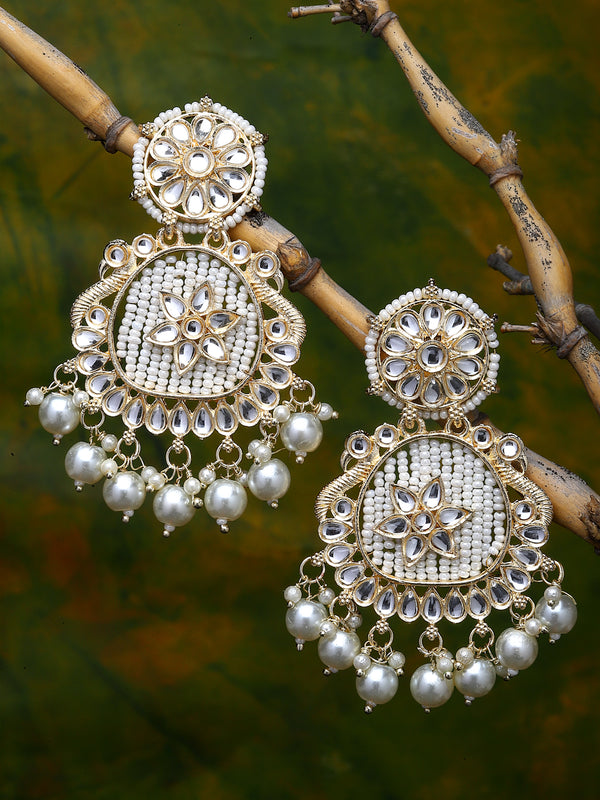 Gold-Plated White Beads White Pearls & Kundan studded Handcrafted Peacock Shaped Drop Earrings