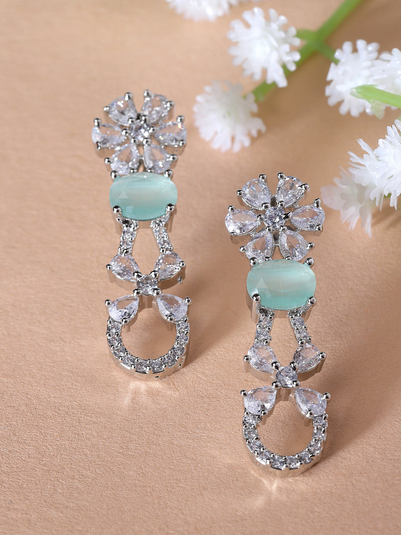 Rhodium-Plated Sea Green American Diamond studded Floral Shaped Drop Earrings
