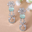 Rhodium-Plated Sea Green American Diamond studded Floral Shaped Drop Earrings