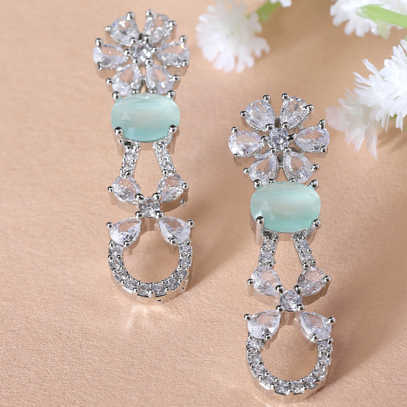 Rhodium-Plated Sea Green American Diamond studded Floral Shaped Drop Earrings