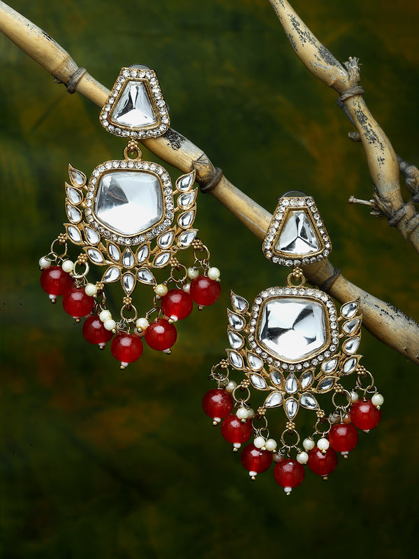 Gold-Plated Kundan & Red Pearls studded Classic Mirror Drop Earrings