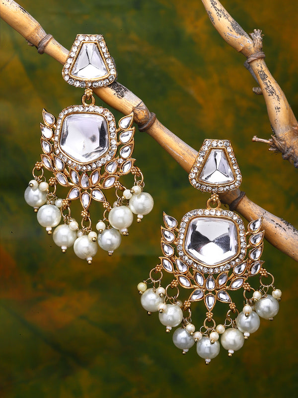 Gold-Plated Kundan & White Pearls studded Classic Mirror Drop Earrings