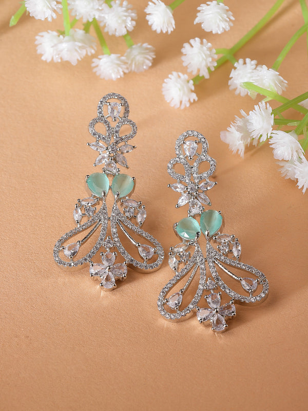 Rhodium-Plated Sea Green & White American Diamond studded Paisley Shaped Drop Earrings