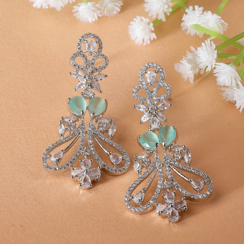 Rhodium-Plated Sea Green & White American Diamond studded Paisley Shaped Drop Earrings