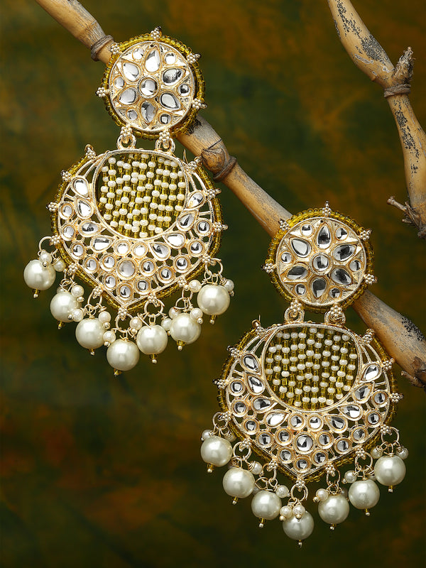 Gold-Plated Yellow Beads White Pearls & Kundan studded Handcrafted Crescent Shaped Drop Earrings