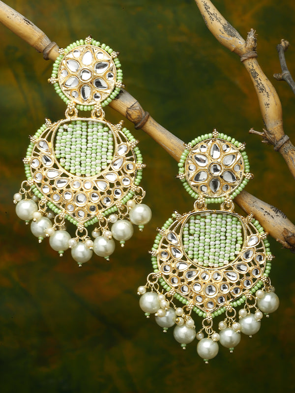 Gold-Plated Lime Green Beads White Pearls & Kundan studded Handcrafted Crescent Shaped Drop Earrings