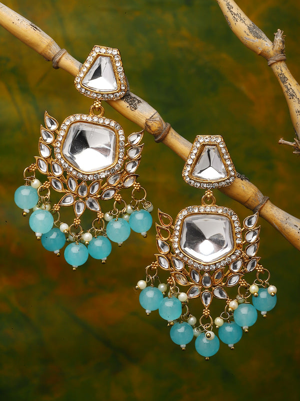 Gold-Plated Kundan & Sky Blue Pearls studded Classic Mirror Drop Earrings