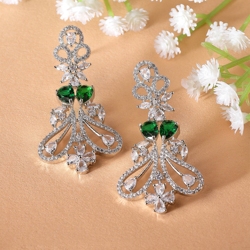 Rhodium-Plated Green & White American Diamond studded Paisley Shaped Drop Earrings