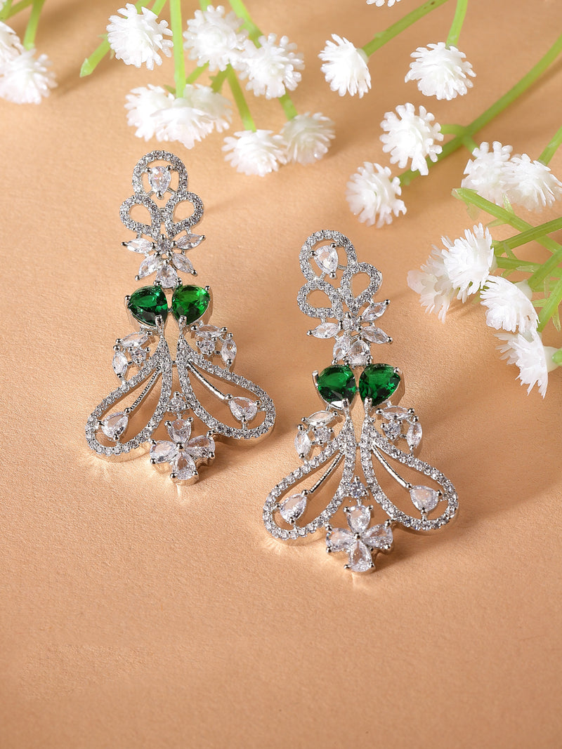 Rhodium-Plated Green & White American Diamond studded Paisley Shaped Drop Earrings