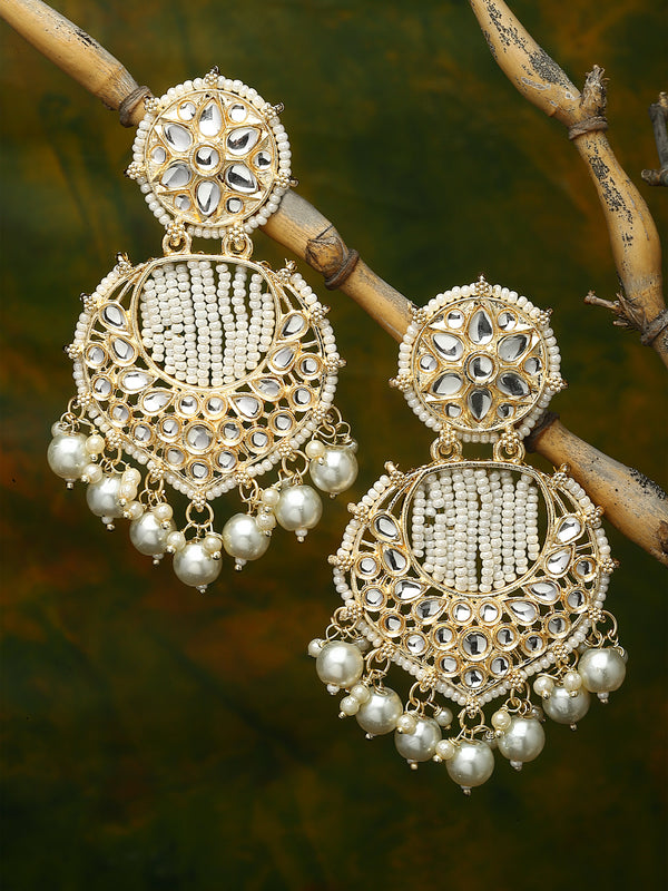 Gold-Plated White Beads White Pearls & Kundan studded Handcrafted Crescent Shaped Drop Earrings