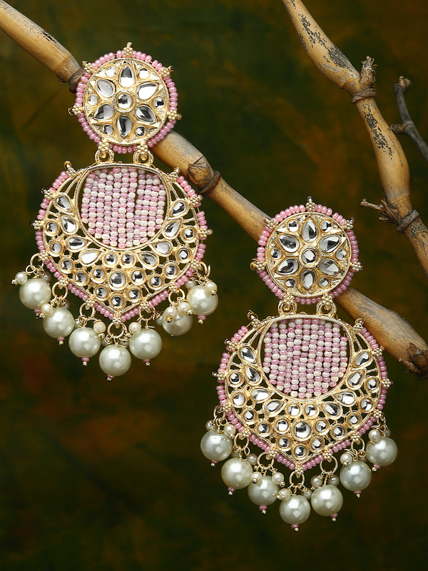 Gold-Plated Pink Beads White Pearls & Kundan studded Handcrafted Crescent Shaped Drop Earrings