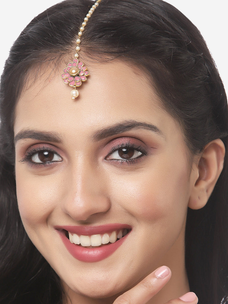 Zeneme Gold Plated with Pink Stones & Pearl Drop Traditional Maang Tikka Set Of 5