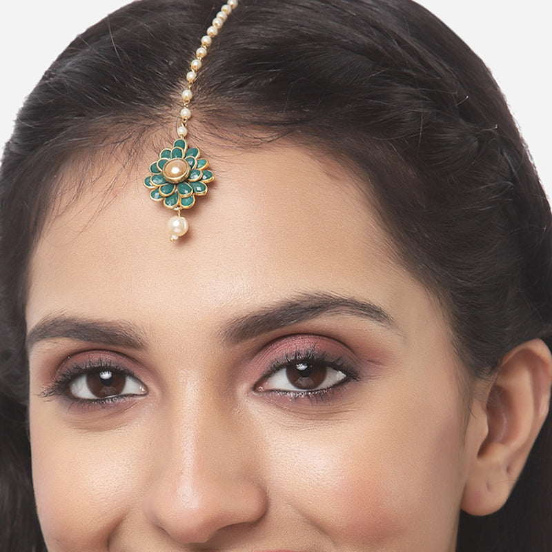 Gold Plated with Green Stones & Pearl Drop Traditional  Maang Tikka Set Of 5