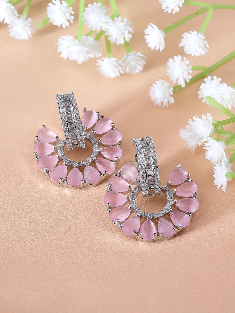 Rhodium-Plated Pink & White American Diamond studded Floral Drop Earrings