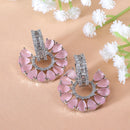 Rhodium-Plated Pink & White American Diamond studded Floral Drop Earrings