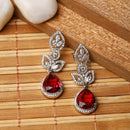 Rhodium-Plated Red American Diamond studded Teardrop & Leaf Shaped Drop Earrings