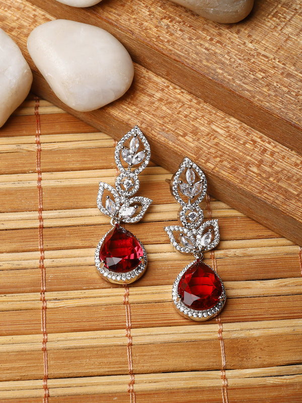 Rhodium-Plated Red American Diamond studded Teardrop & Leaf Shaped Drop Earrings