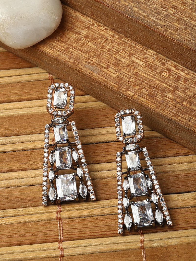 Rose Gold-Plated Gunmetal Toned White American Diamond studded Contemporary Drop Earrings