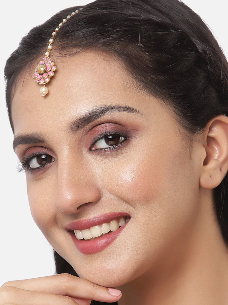 Zeneme Gold Plated with Pink Stones & Pearl Drop Traditional Maang Tikka Set Of 5