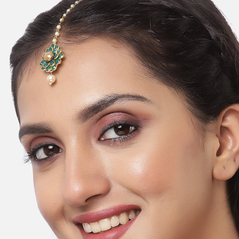 Gold Plated with Green Stones & Pearl Drop Traditional  Maang Tikka Set Of 5