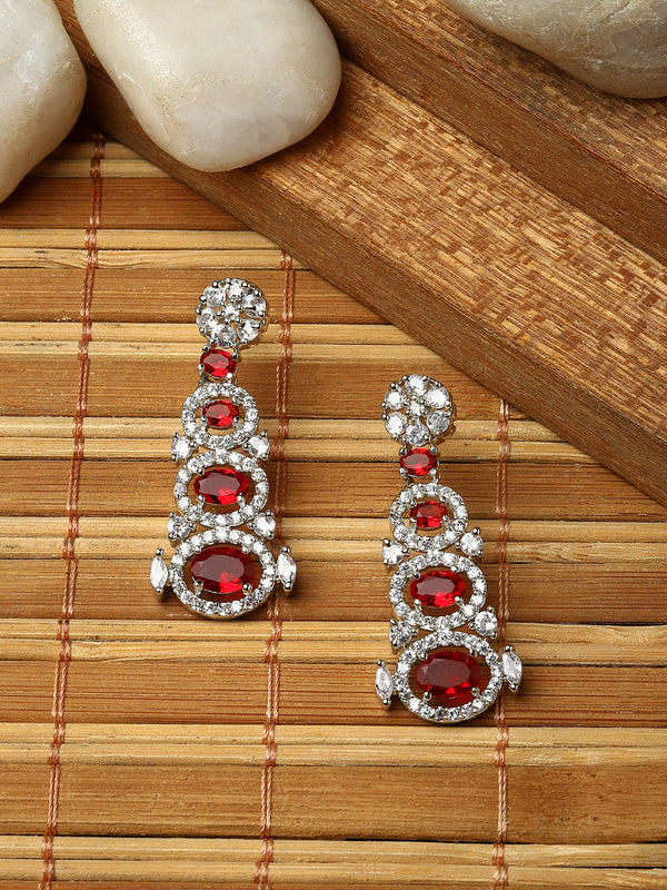 Rhodium-Plated Red American Diamond studded Quirky Shaped Drop Earrings