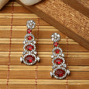 Rhodium-Plated Red American Diamond studded Quirky Shaped Drop Earrings