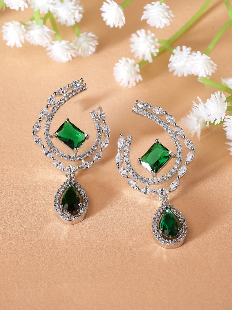 Rhodium-Plated Green & White American Diamond studded Quirky Shaped Drop Earrings