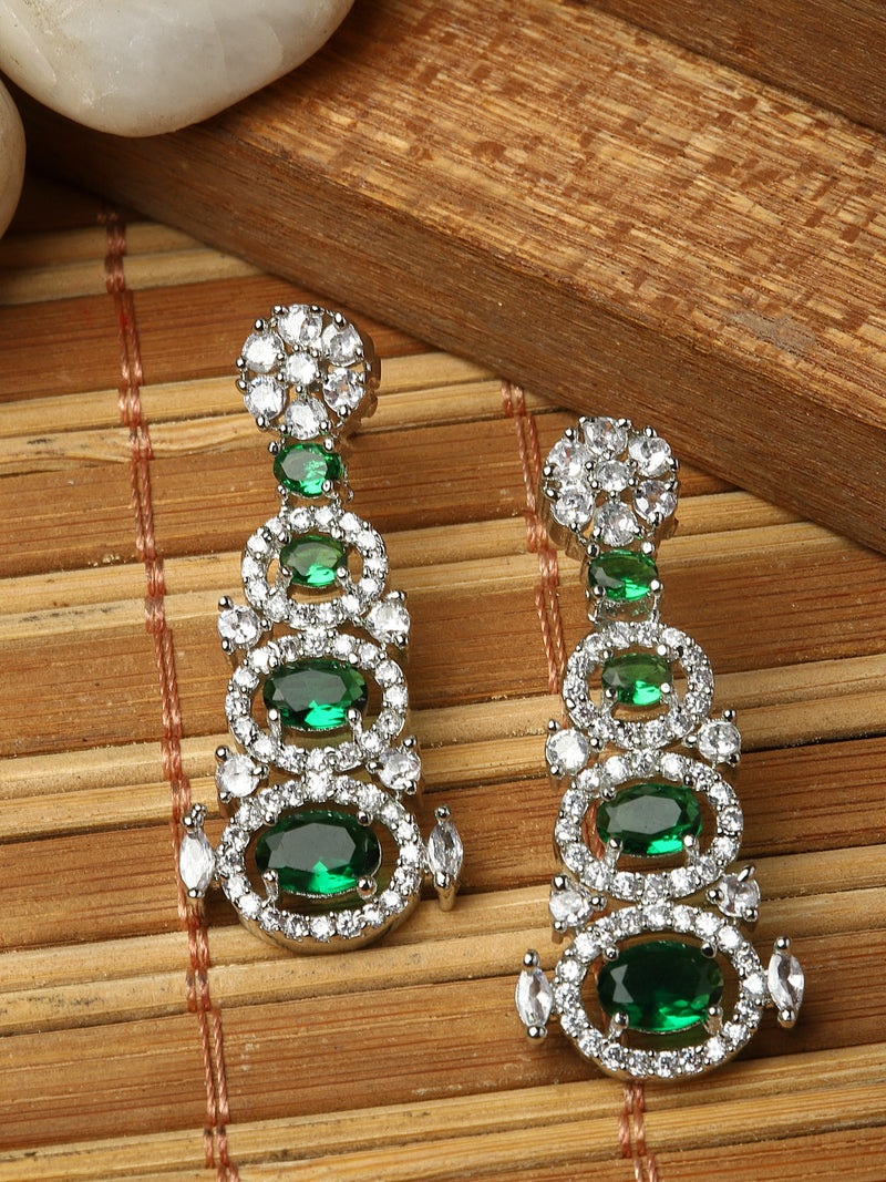 Rhodium-Plated Green American Diamond studded Quirky Shaped Drop Earrings