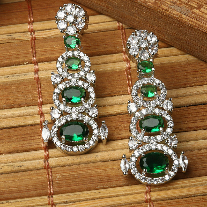 Rhodium-Plated Green American Diamond studded Quirky Shaped Drop Earrings