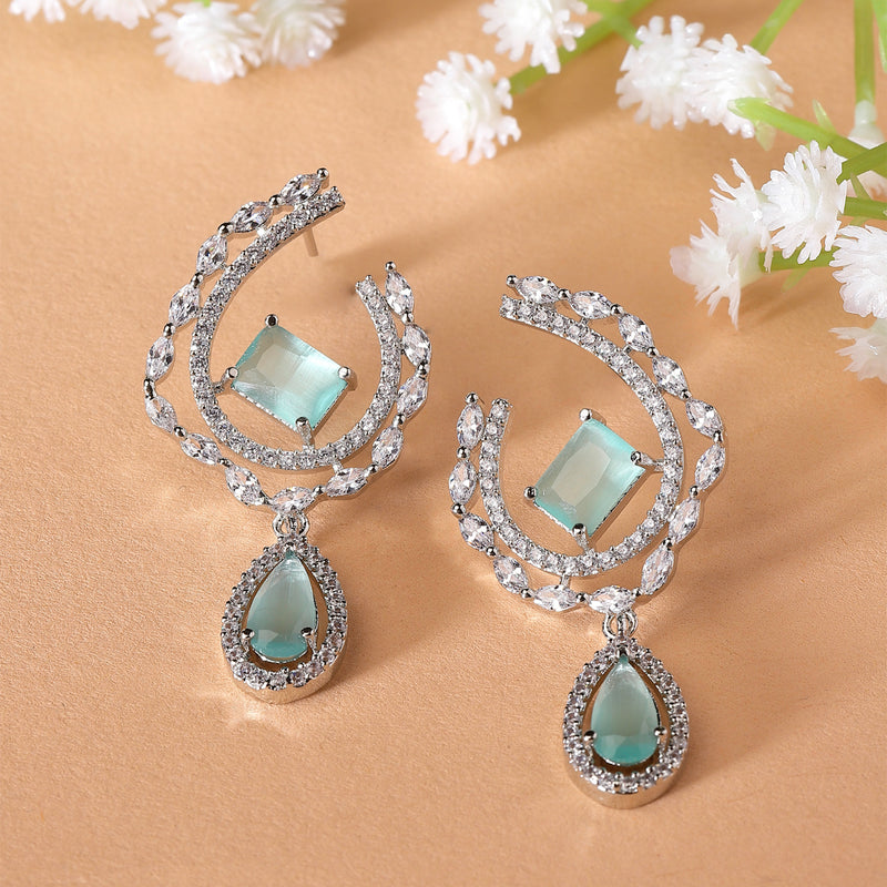 Rhodium-Plated Sea Green & White American Diamond studded Quirky Shaped Drop Earrings
