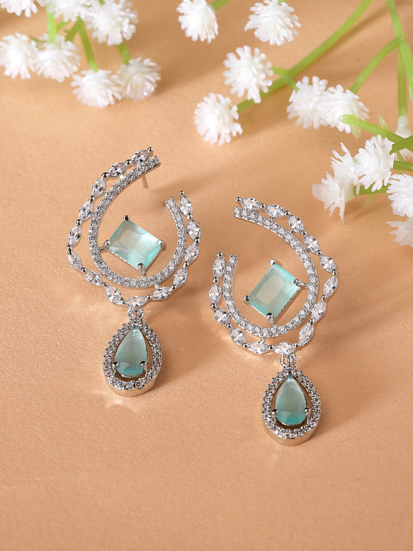 Rhodium-Plated Sea Green & White American Diamond studded Quirky Shaped Drop Earrings