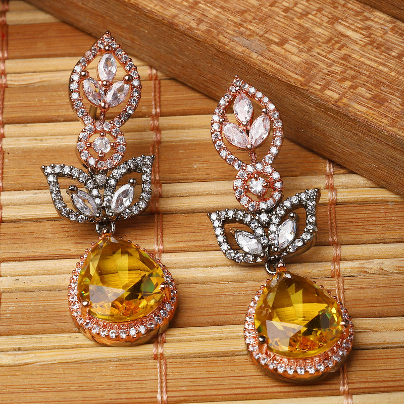 Rose Gold-Plated Gunmetal Toned Sapphire Yellow American Diamond studded Teardrop & Leaf Shaped Drop Earrings