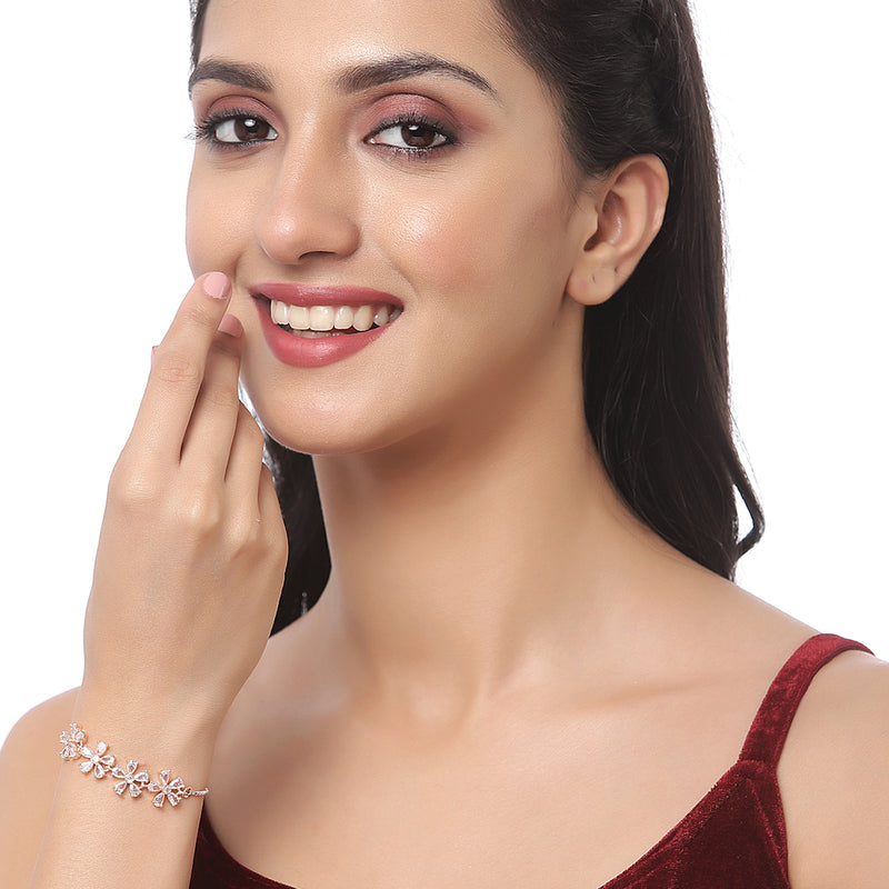 Rose Gold Plated White Floral Shaped American Diamond Studded  Bracelet