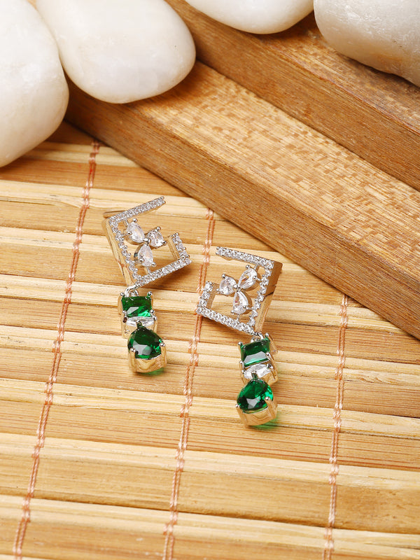 Rhodium-Plated Green & White American Diamond studded Square & Teardrop Shaped Contemporary Drop Earrings