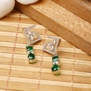 Rhodium-Plated Green & White American Diamond studded Square & Teardrop Shaped Contemporary Drop Earrings