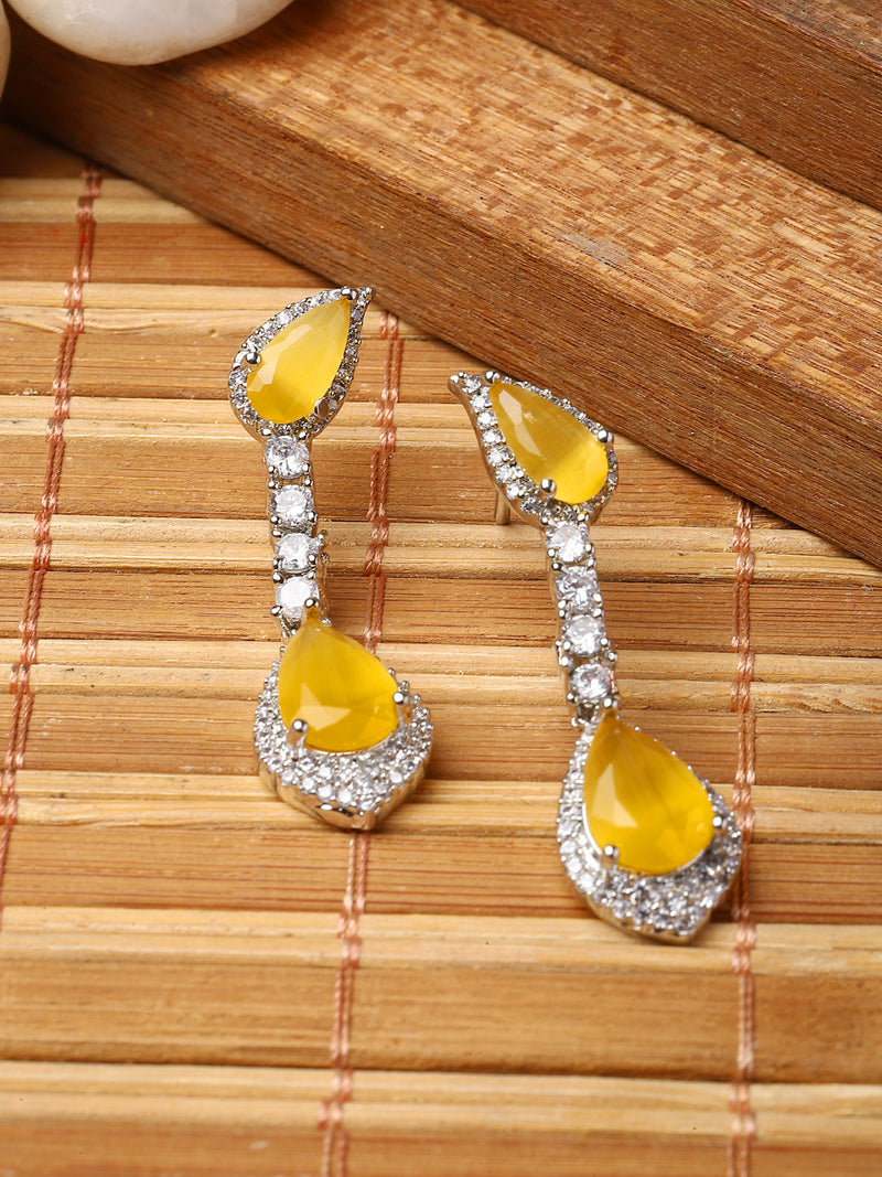 Rhodium-Plated Yellow & White American Diamond studded Teardrop Shaped Classic Drop Earrings