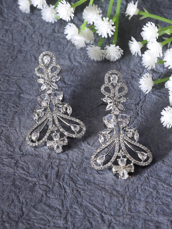 Rhodium-Plated White American Diamond studded Paisley Shaped Drop Earrings