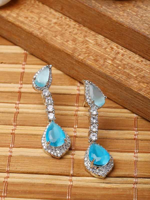 Rhodium-Plated Sky Blue & White American Diamond studded Teardrop Shaped Classic Drop Earrings