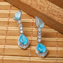 Rhodium-Plated Sky Blue & White American Diamond studded Teardrop Shaped Classic Drop Earrings
