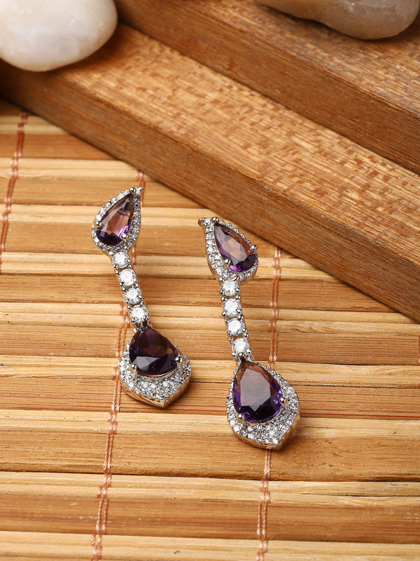 Rhodium-Plated Purple & White American Diamond studded Teardrop Shaped Classic Drop Earrings