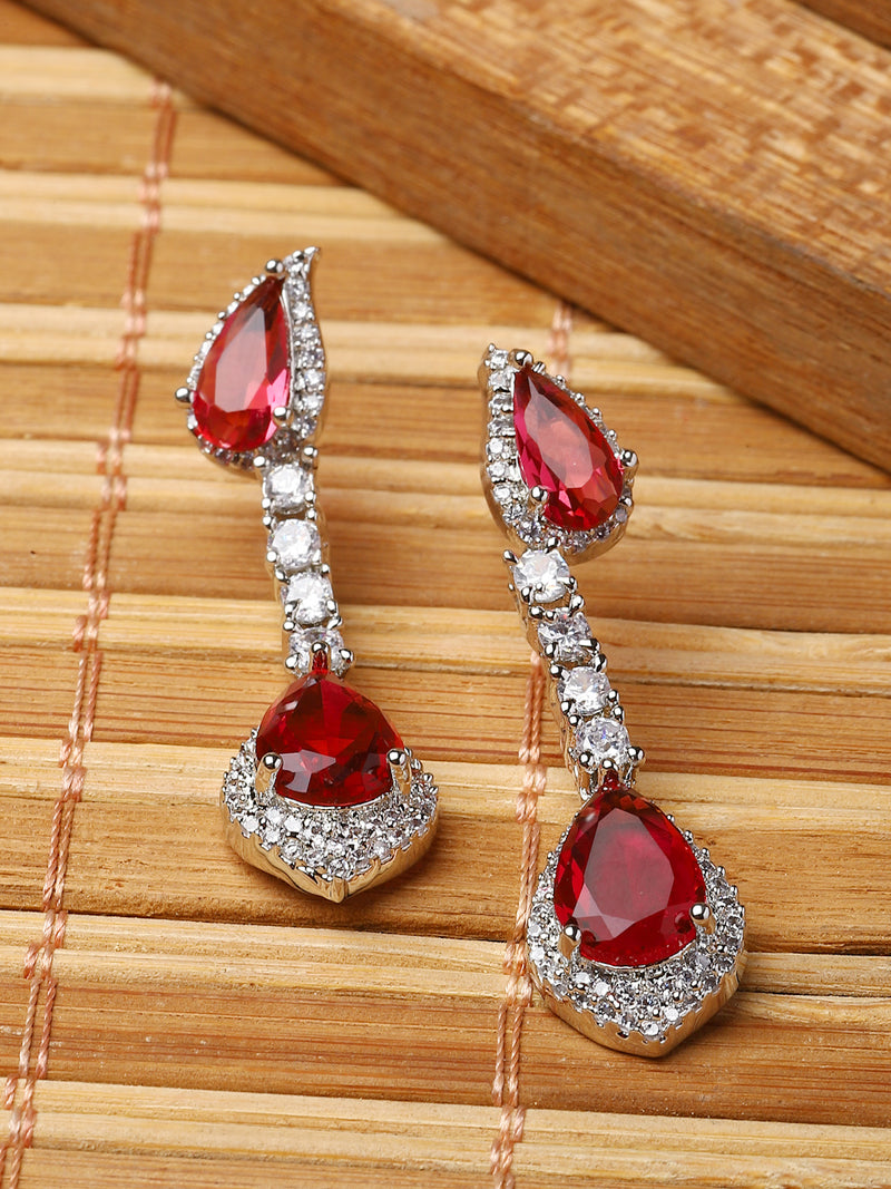 Rhodium-Plated Red & White American Diamond studded Teardrop Shaped Classic Drop Earrings