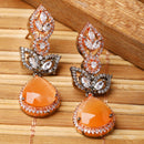 Rose Gold-Plated Gunmetal Toned Orange American Diamond studded Teardrop & Leaf Shaped Drop Earrings