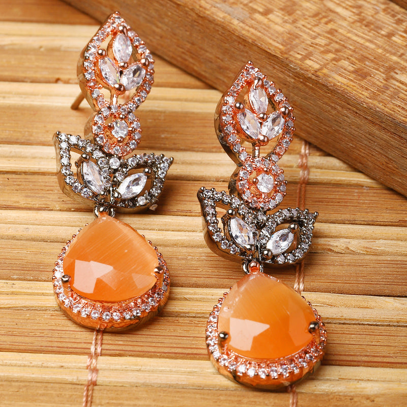 Rose Gold-Plated Gunmetal Toned Orange American Diamond studded Teardrop & Leaf Shaped Drop Earrings