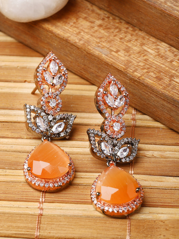 Rose Gold-Plated Gunmetal Toned Orange American Diamond studded Teardrop & Leaf Shaped Drop Earrings