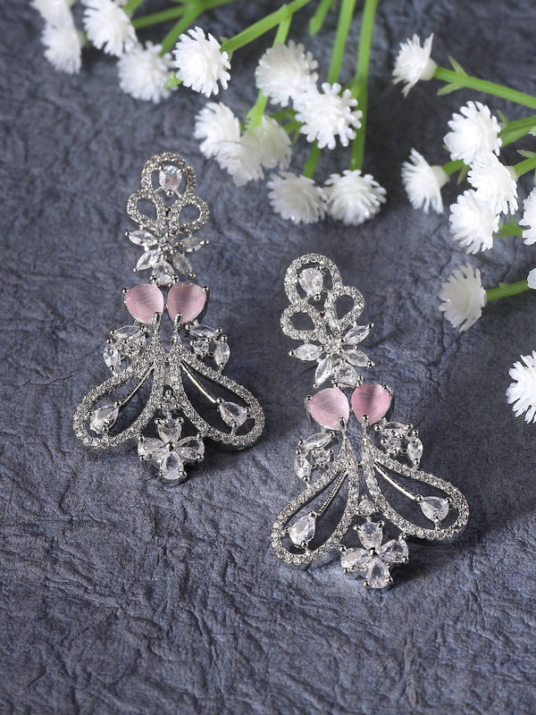 Rhodium-Plated Pink & White American Diamond studded Paisley Shaped Drop Earrings