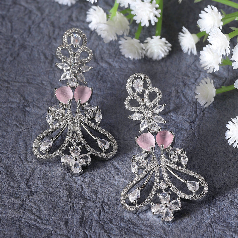 Rhodium-Plated Pink & White American Diamond studded Paisley Shaped Drop Earrings