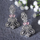 Rhodium Plated Paisley Pink American Diamond Contemporary Long Drop Earrings