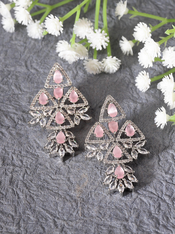 Rhodium-Plated Pink & White American Diamond studded Triangular Shaped Drop Earrings