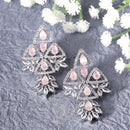 Rhodium Plated Elongated Pink American Diamond Contemporary Long Drop Earrings