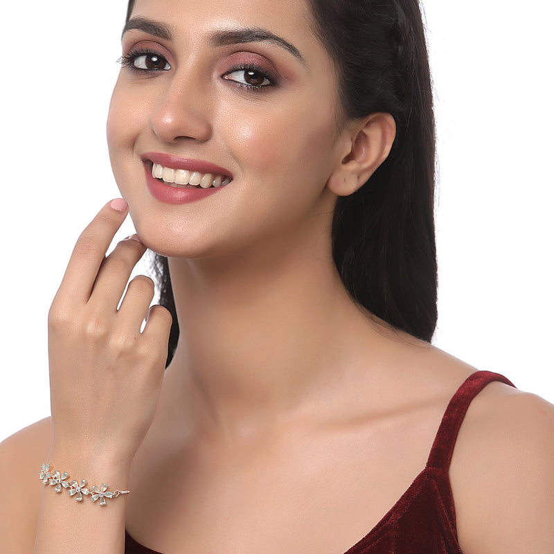 Rose Gold Plated Round Charm Beaded & Sea Green  Floral Design Set Of 2  Adjustable Stackable Bracelets